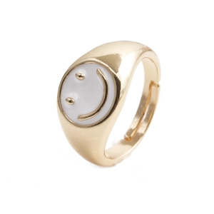 Detail view of gold adjustable ring featuring a micro-set zircon smiling face decoration