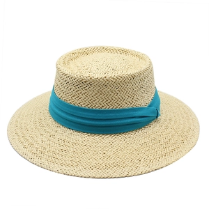 Boater Hat Straw Sun Protection Breathable Flat Top Summer Beach Travel Vacation Classic Ribbon Decor For Men Women