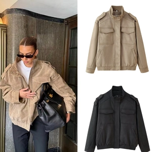 Women Suede Texture Utility Jacket Shoulder Tabs Flap Pockets Zipper Up Cropped Coat Casual Streetwear Fashion Outerwear