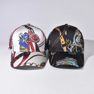 Black and white baseball caps with golden chain baroque patterns on satin fabric