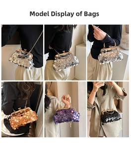 Sequin evening bag models showing gold, silver, purple and black clutch with chain