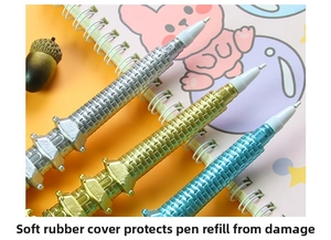 Detail shot of soft rubber tower-shaped pen nib protectors in gold silver and blue finishes