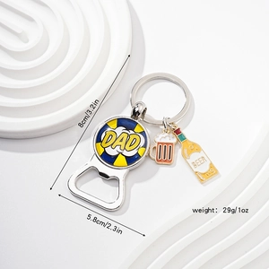 Detail view of Dad themed bottle opener keychain with beer charms and size measurements