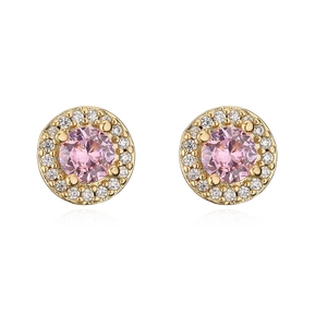 Classic 18K gold plated halo stud earrings with round pink zircon and white accents