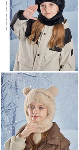 Detail of warm winter hooded scarf for kids featuring plush bear ears and windproof design