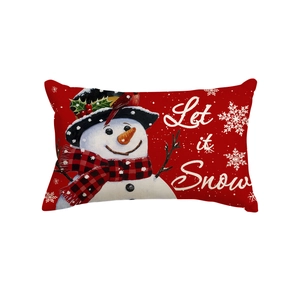 Festive Christmas linen pillowcase featuring a snowman with Let it Snow text on red background