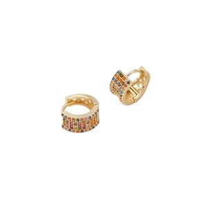 Elegant gold hoop earrings with multi-colored cubic zirconia and geometric cutout