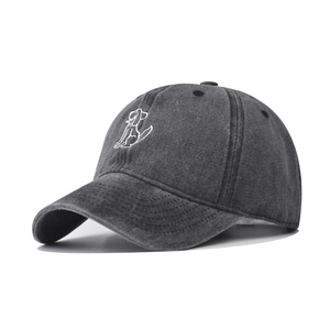 Washed Cotton Baseball Cap Retro Distressed Sun Hat With Cartoon Dog Embroidery Adjustable For Men Women Vintage