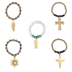 Bohemian Stainless Steel Beaded Elastic Ring For Women Gold Black Geometric Pendant Heart Cross Star Sun Fashion Jewelry