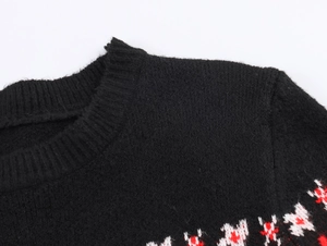 Detailed view of the crew neck and knitted patterns on the black Christmas sweater