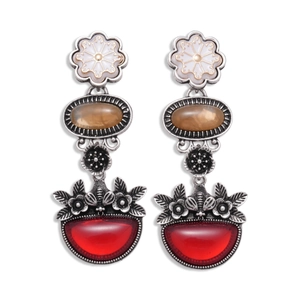 Vintage long floral drop earrings with white enamel flower and red gemstone details