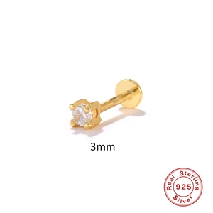 S925 sterling silver 3mm four-prong gold stud earring with a clear cubic zirconia stone