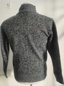 Rear view detail of men's fleece-lined knit cardigan with dark gray marl texture