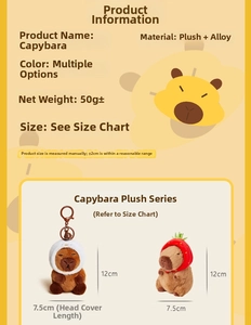 Detail view of 12cm plush capybara keychains with strawberry hats and metal lobster clasps