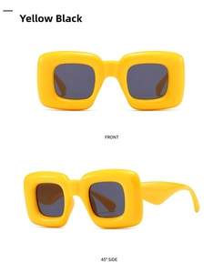 Front and 45-degree side views of thick yellow square frame sunglasses with black gray lenses