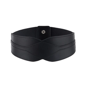 Elastic wide black leather waist belt with cross stitching and metal snaps for women's coats