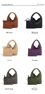 Detailed grid view of woven tote bags with matching pouches in six fashion colors