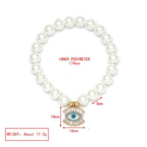 Detail view of evil eye pearl bracelet with measurements 174mm perimeter and 8mm beads