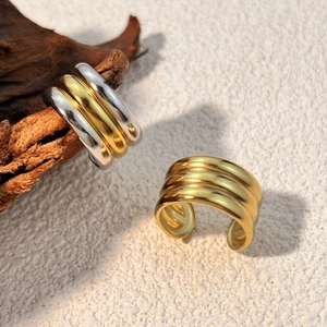 Anello Aperto a Triplo Strato in Acciaio Inossidabile Retro per Uomo Donna Placcato Oro 18K Impermeabile Regolabile