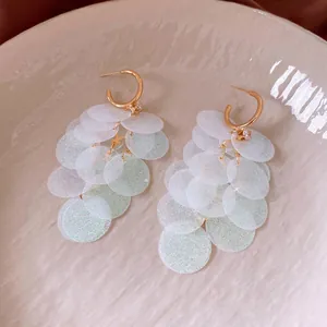 Elegant gold-tone C-shape tassel earrings with shimmering translucent sequins on a tray