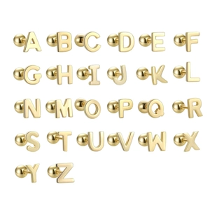 Polished gold stainless steel alphabet stud earrings A-Z set with screw back closures