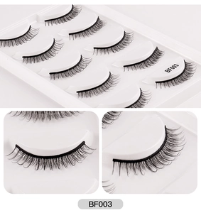 Macro detail of model BF003 synthetic fiber eyelashes showing 5 pairs of thick curls