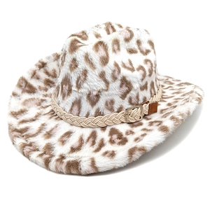 Detail of plush leopard print cowboy hat with braided beige band and metal buckle accent