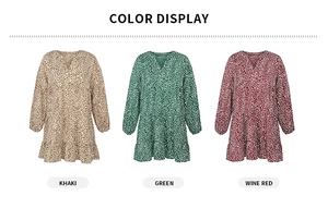 Color display of V-neck leopard print dresses in khaki, green and wine red styles