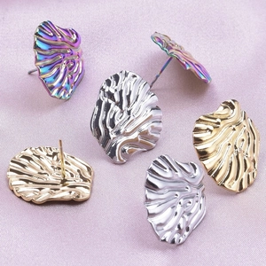 Textured 304 stainless steel stud earrings in gold, silver and iridescent purple finishes