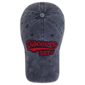 Distressed charcoal cotton baseball cap with red Discovery 3D embroidery and washed effect