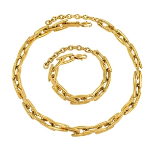 Polished 18K gold plated geometric link necklace and bracelet set with lobster clasp