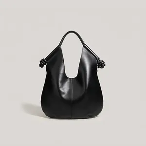 Women Large Hobo Bag Soft PU Leather Knot Strap Detail Minimalist Commuting Shoulder Tote Bag Solid Color