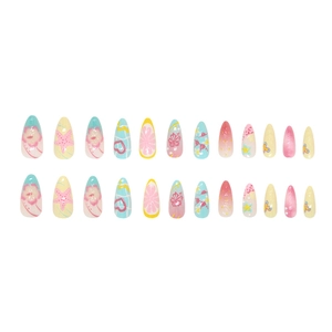 24-piece summer fruit heart floral almond press-on nails in colorful party graffiti patterns