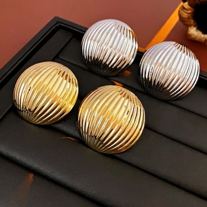 Minimalist striped round metal stud earrings in gold and silver finish for women