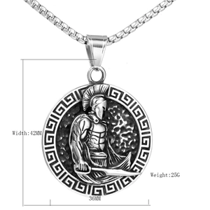 Spartan Warrior Pendant Necklace Stainless Steel Retro Round Medal Greek Key Pattern Punk Vintage For Men