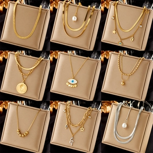 Stainless Steel Double Layered Necklace Women Evil Eye Artificial Pearl Coin Pendant Snake Chain Minimalist Jewelry