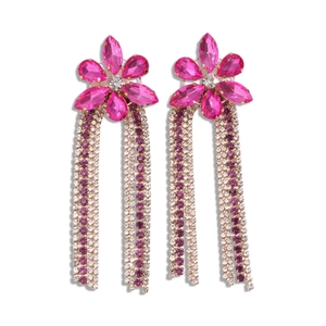 Boucles d'oreilles fleurs en strass avec fleurs roses et pampilles en cristal violet