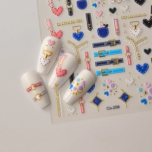 Stereo embossed nail stickers with gold chains, heart motifs and punk denim buckle designs