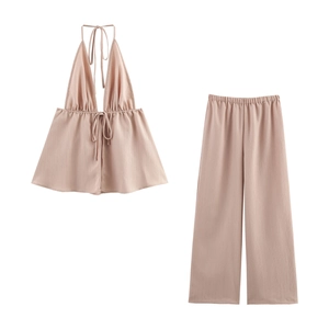 Tenues Pour Femmes Haut Dos Nu Décolleté En V Et Pantalon Large Tissu Texturé Vacances D'été Style Sexy Élégant Couleur Unie