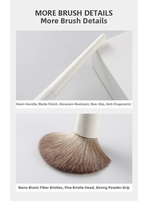 Detail of matte resin handle and soft synthetic bristles of the makeup brush set