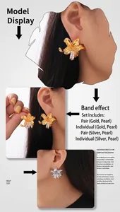 Detailed model view of 18k gold and silver floral stud earrings with pearl tassels
