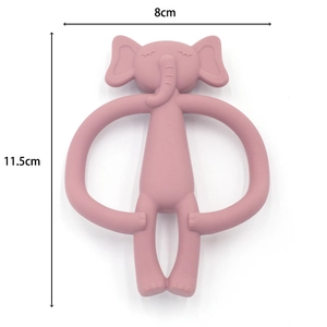 Pink elephant silicone baby teether showing precise dimensions of 8cm width and 11.5cm height