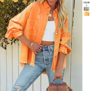 Women Denim Jacket Long Sleeve Distressed Ripped Raw Edge Button Down Loose Fit Streetwear Retro Outerwear Pockets