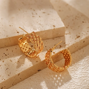 French Woven Texture C-Shape Stud Earrings Copper Gold Plated Vintage Elegant Geometric Hoop Earrings For Women Jewelry