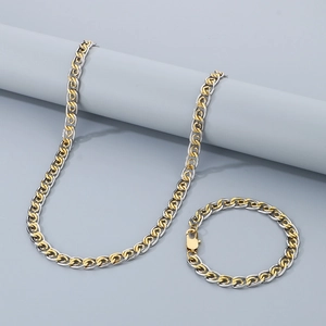 Two-tone gold and silver stainless steel paperclip chain necklace and bracelet jewelry set