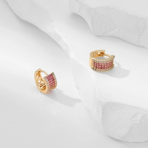 Elegant 18K gold plated huggie earrings featuring pink and white pavé cubic zirconia