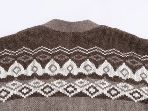 Detailed close-up of brown and beige Fair Isle jacquard knit pattern on wool cardigan