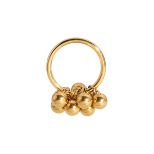 Detailed macro view of a gold-finish ring featuring ten polished metallic bead charms
