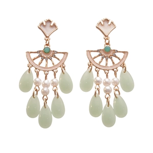 Boucles d'oreilles feuille de ginkgo avec perles et glands gouttes vert vert menthe