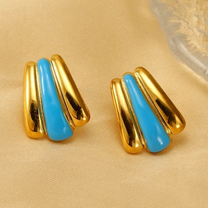 18k gold plated stainless steel stud earrings with blue enamel stripes and vintage style